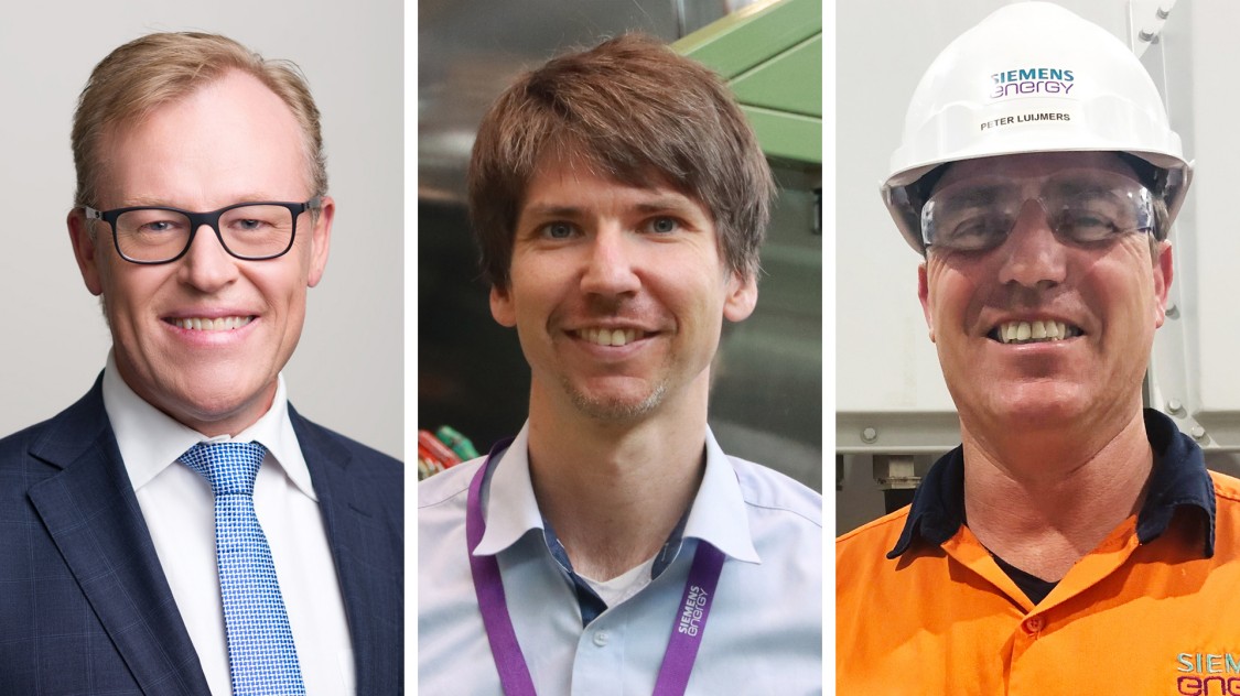 Simon Emms (left) is in charge of Network Services in ElectraNet's Executive Team, Philipp Büttner (center) is in charge of flywheel development at Siemens Energy in Mülheim, and Peter Luijmers (right) is construction manager for the grid stabilization plant at the Robertstown substation.