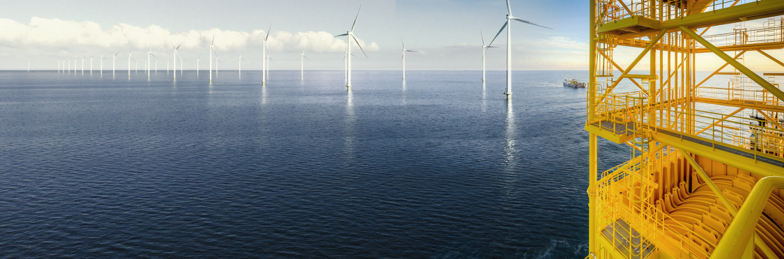 Offshore wind farm turbines with the converter platform visible  